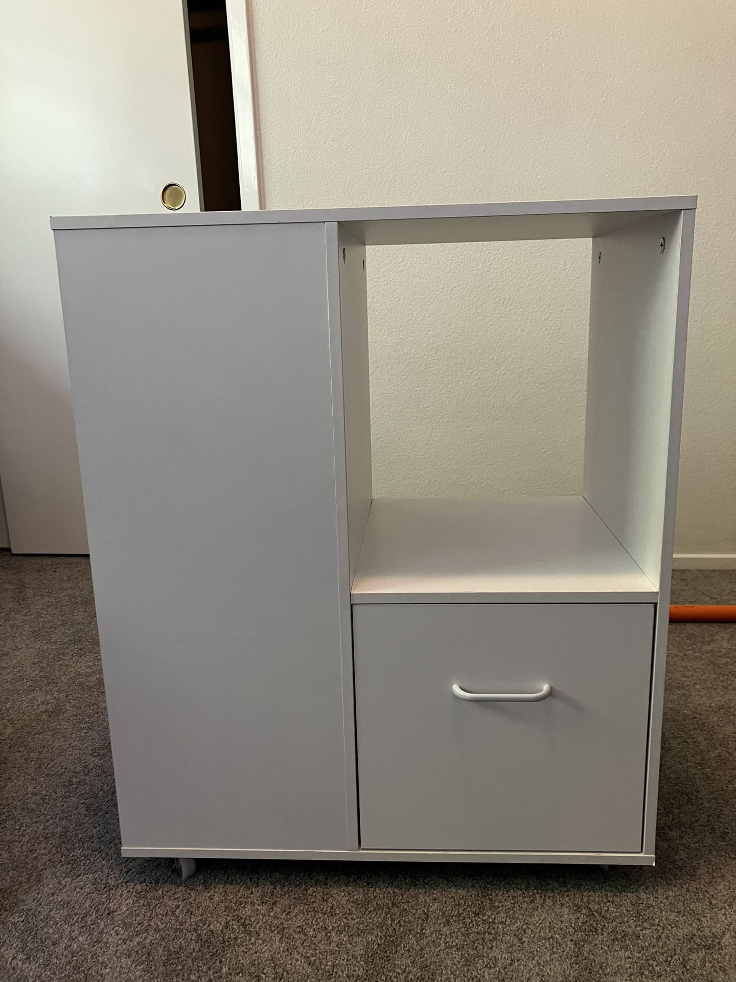 White Wooden Filing Cabinet With Shelves On Wheels- Like New 