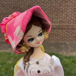 Vintage 20” Big Eye Doll Bradley 70s Stockinette Boudoir Korea MCM Mod Anime Manga  Pink  floral   There may be blemishes.   Measurements are approxim