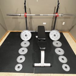 Weight Set Up - Rack, Bench, Bar & Weights, And Floor Mats Included