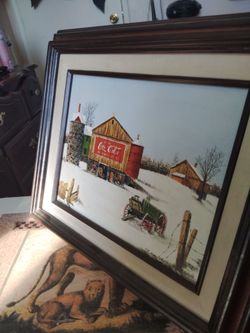 Framed Coca-Cola Barn Winter Scene Print sing R Smith $65 cash