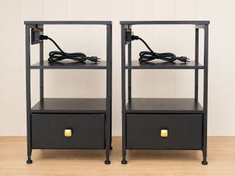 Nightstands Set of 2 with Charging Station, Night Stand with Fabric Drawer, End Tables Living Room with Storage Shelf for Small Spaces, Bed Side Table