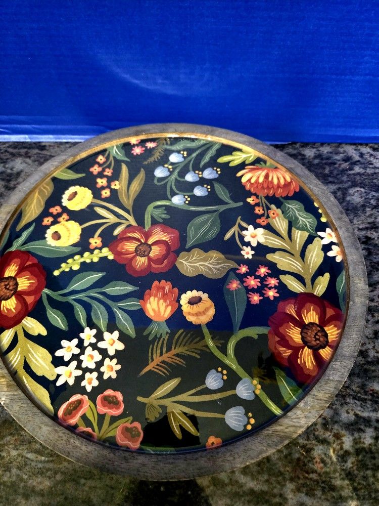 Vintage HandPainted Flowers Motif Wooden Lazy Susan 14"