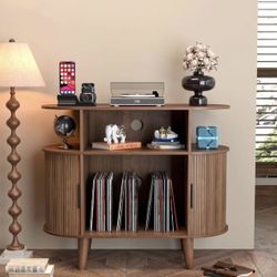 Large Round Record Player Stand with Charging Station & USB Ports，Record Storage Cabinet for Bedroom Living Room ,Brown