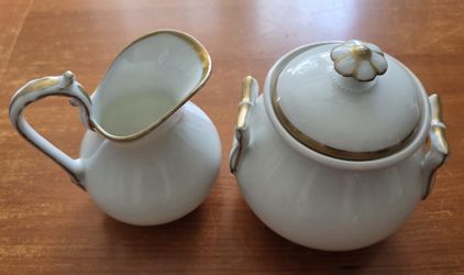 Vintage Set of White Ironstone Creamer and Sugar Bowl with Gold Trim