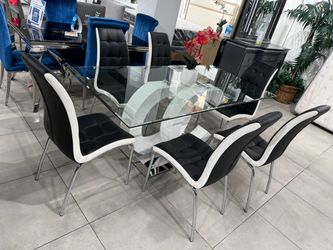 Glass Top Dining Table with 6 Chairs 🖤🤍
