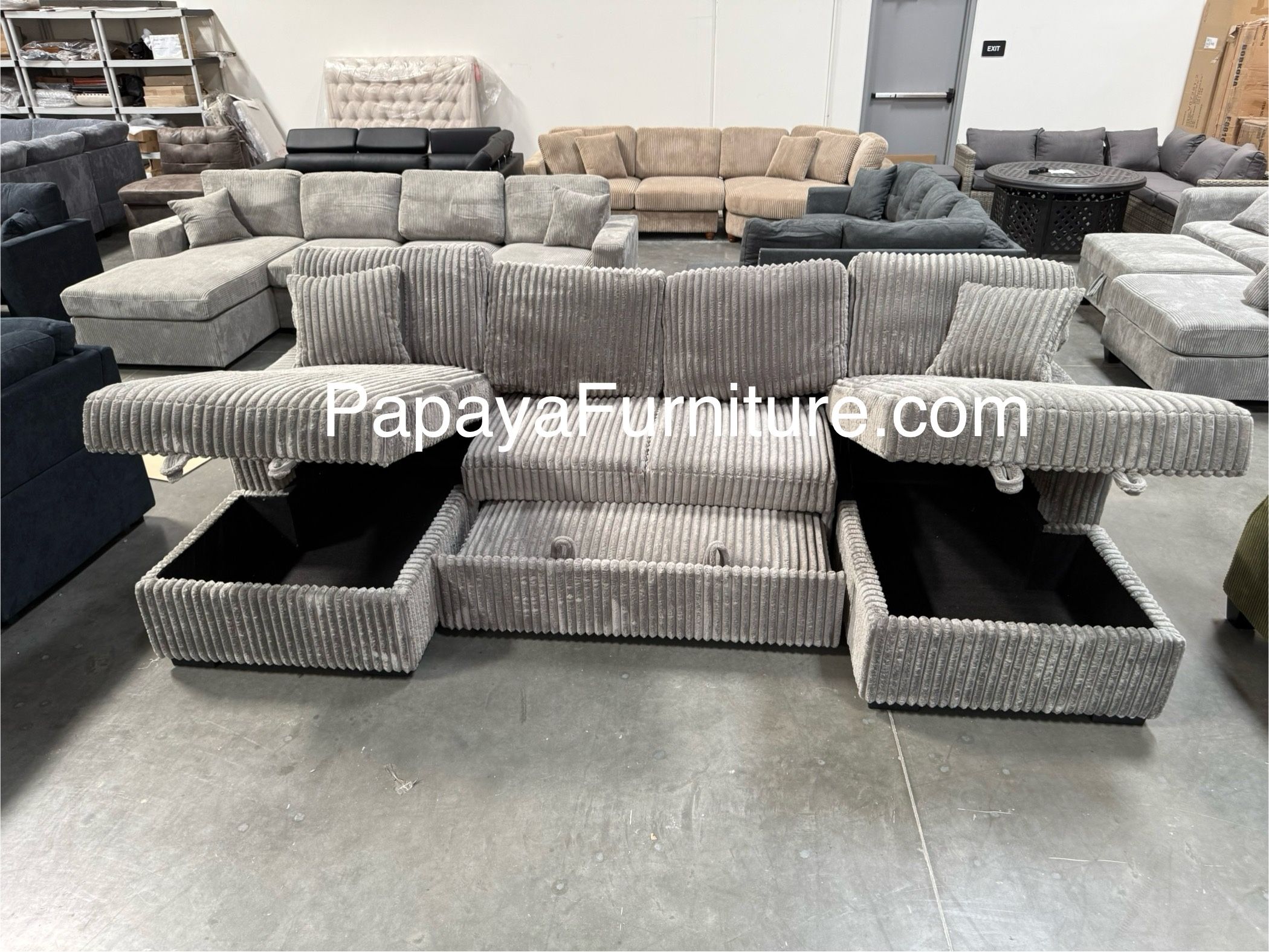 New Large 120” Sectional and TWO STORAGE CHAISE Super Plush Fabric Grey Couch U Shape Gray Color Big Pull Out Sleeper Bed Pullout Sofabed Sofa