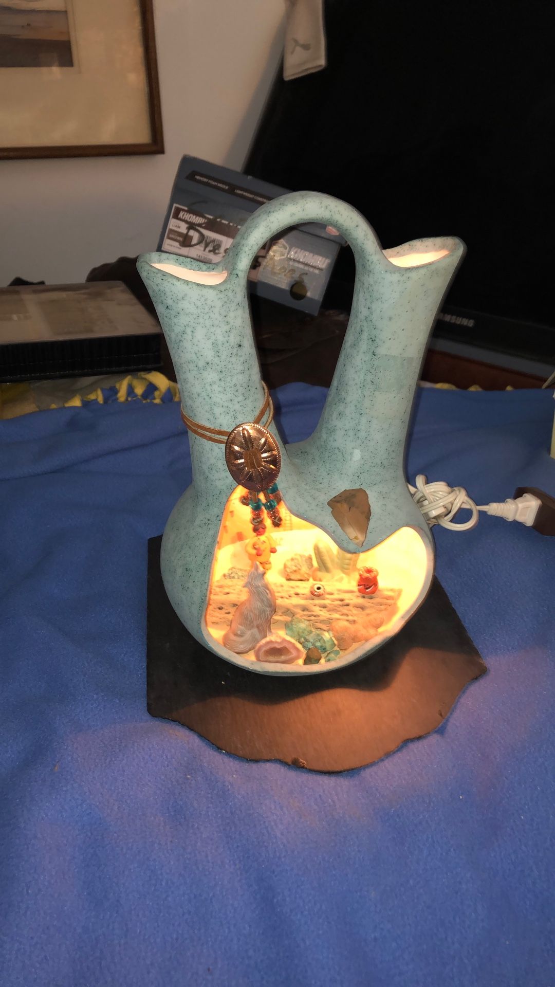 Mid century desk lamp, 3-D diorama southwest porcelain pottery