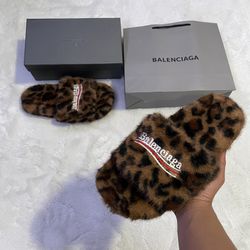 Balenciaga Leopard Print Fur Slides