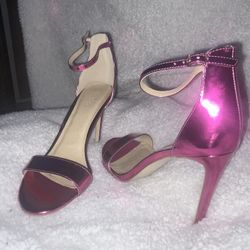 Pink metallic open toe heel with ankle strap