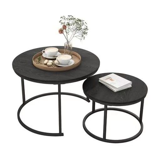 Big Coffee Table Set of 2, Round End Tables for Living Room, Modern Black Nesting Tables, Farmhouse Wood Side Table With Metal Frame, Easy Assembly, B