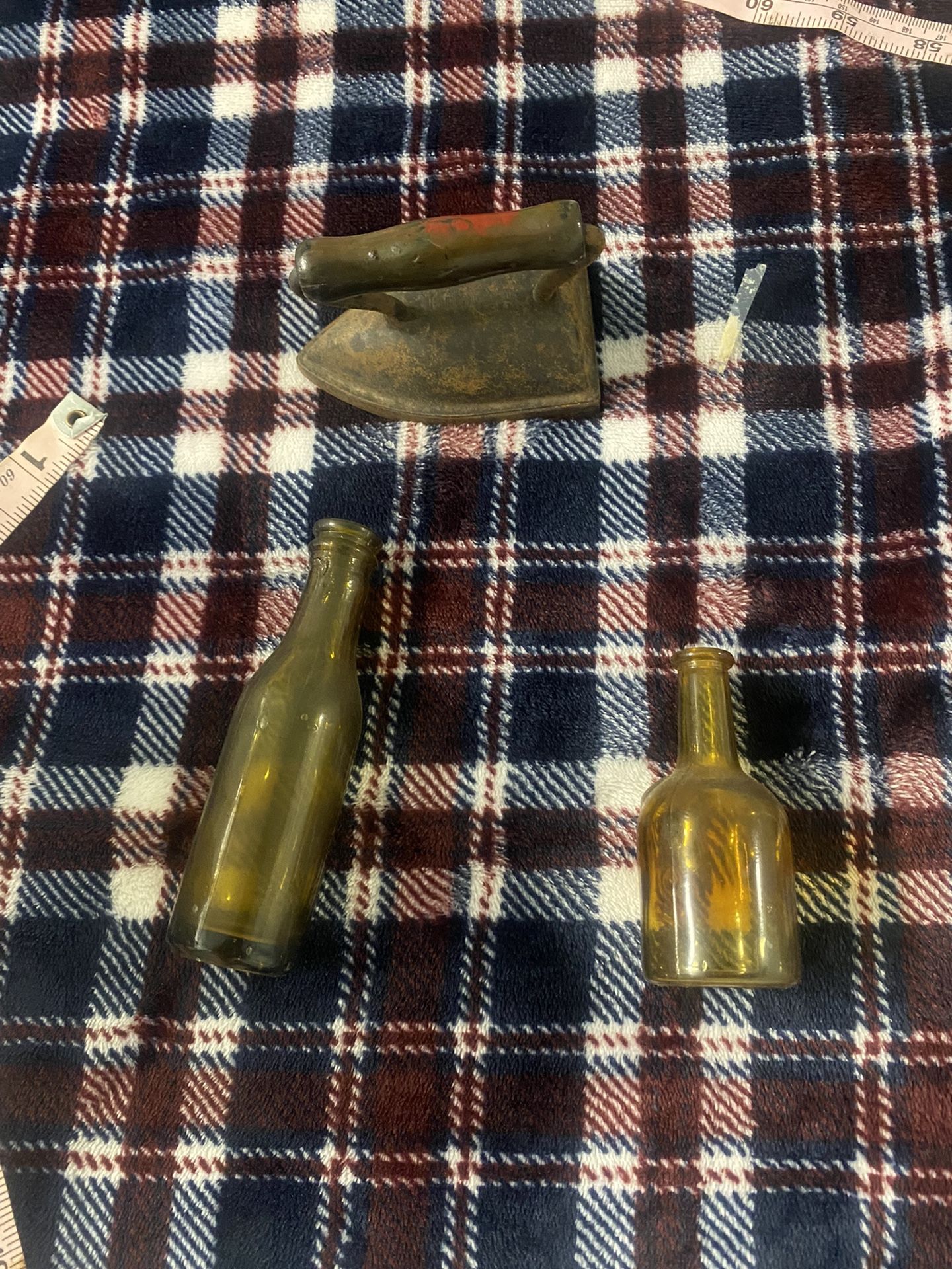 Miniature Iron And Two Glass Bottles