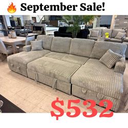 Corduroy  U Shaped  Double Chaise Sectional Sleeper Sofa With Pull Out Bed  120"W X 60"D X 37"H