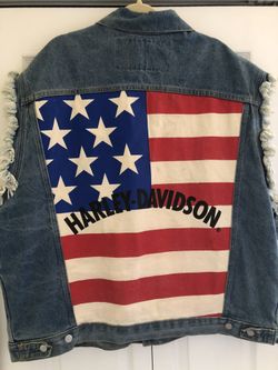 Harley Davidson Vtg Denim Sleeveless American USA Flag Graphic Vest XXXL