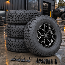 (4) OE Performance Wheels 176 20x9 6x139.7  24mm Gloss Black & Tire Package 33x12.50xr20 AT Pro