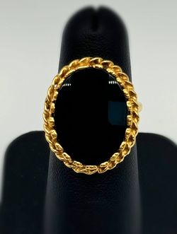 18k solid yellow gold 7 Ct Oval Black Onyx Stone Cable bezel Vintage ring sz 5.75
