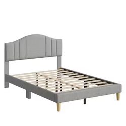 PINMOCO Gray Wood Frame Full Upholstered Platform Bed Scalloped Bed Frame with LED Adjustable Arc