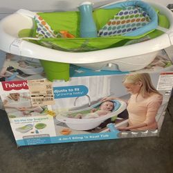 Like New Fisher Price 4 in 1 Sling 'n Seat Tub with box sling scoop squeeze bottle bathtub