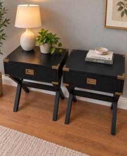 Pair of Black Campaign Style Nightstands with Brass Hardware