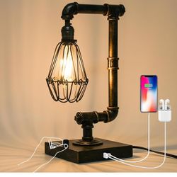 Ganiude Steampunk Table Lamp, Industrial Desk Lamp with USB Ports, Rustic Edison Bulb Lamp,Metal,Bronze