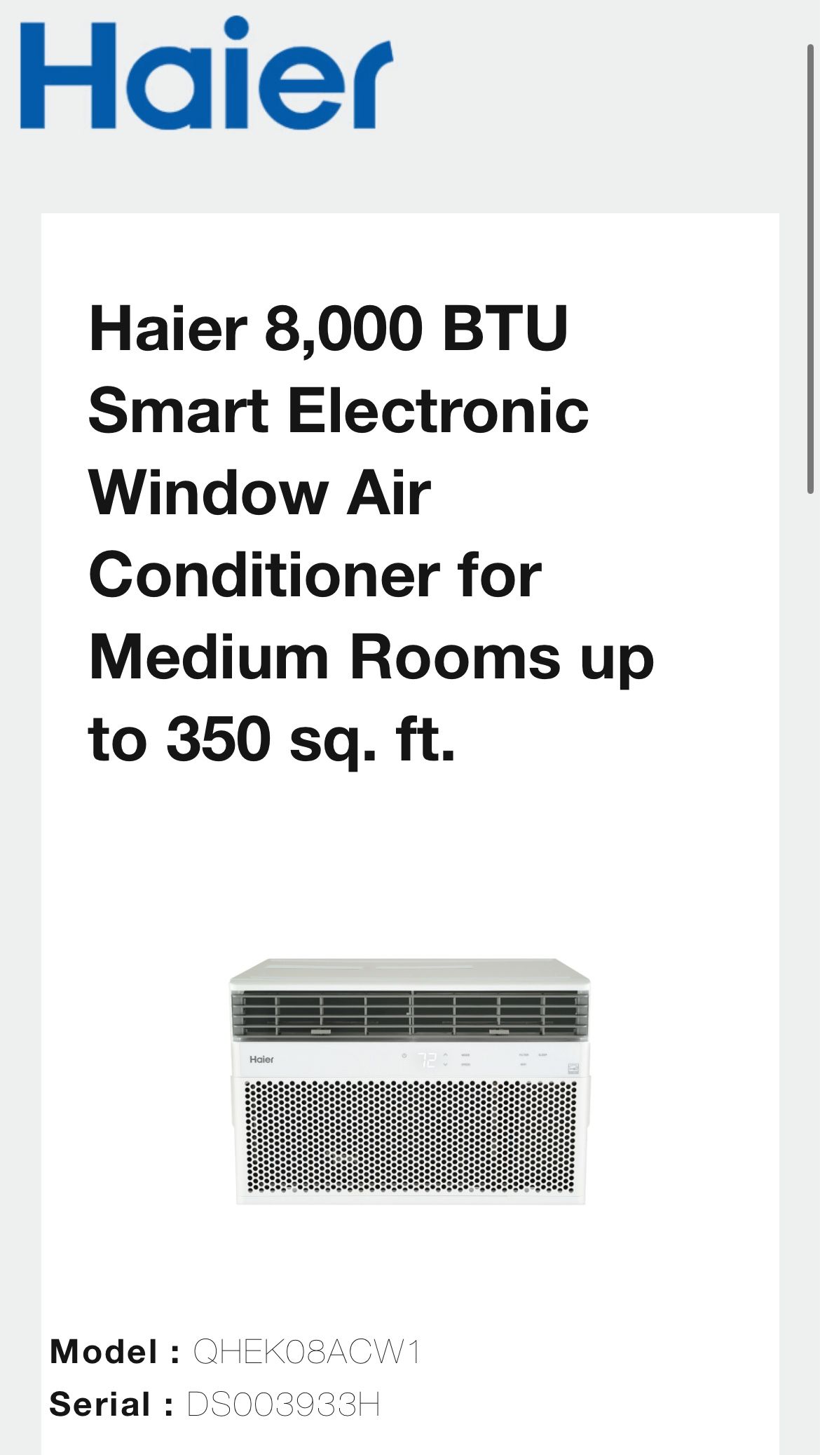 8000 BTU Window AC - 350 SF Space
