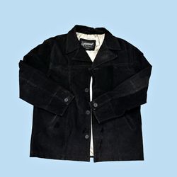 Vintage Black Suede Leather Jacket 26Red Medium Button Front Satin Lined