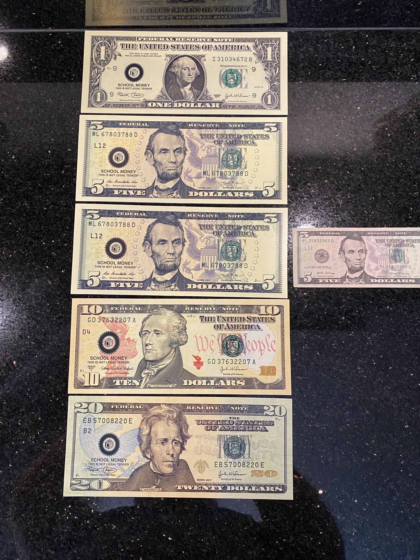Set of 5 SCHOOL MONEY U.S. Dollar Bills 4”x9 1/4” Realistic Rigid Dirt-Resistant