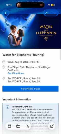 WATER FOR ELEPHANTS BROADWAY TICKET WEDNESDAY 8/19
