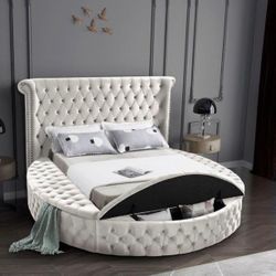 QUEEN CAL or EASTERN ROUND KING SIZE BED FRAME STORAGE CREAM VELVET GLAM STYLE