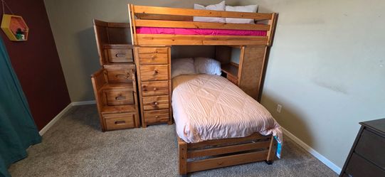 Solid Wood Twin Loft Bunk Bed Set with Storage Stairs, Desk, and Dresser