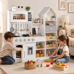 WOODEN PRETEND PLAY KITCHEN WITH DRAWERS, KIDS TOY SET W/REALISTIC DESIGN, TELEPHONE, UTENSILS, OVEN, MICROWAVE, SINK - WHITE