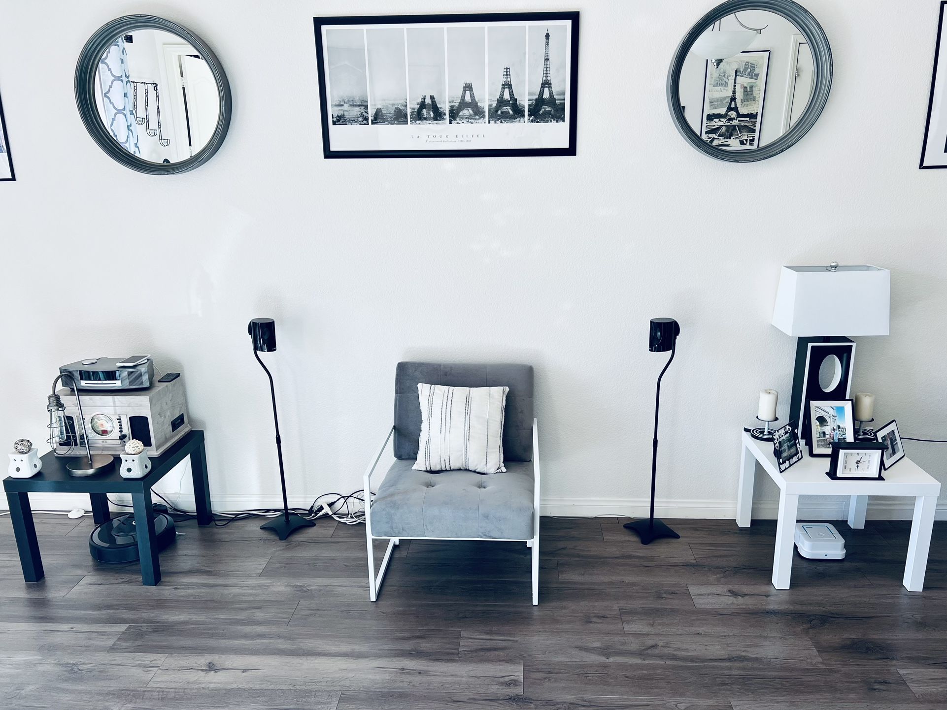 ACCENT CHAIR WITH GRAY MICROFIBER/SUEDE FABRIC AND METAL WHITE FRAME. NEW !!!
