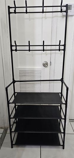 Black Entryway Coat Rack with Shoe Shelves