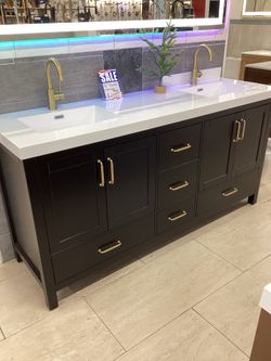 72” solid wood double sink vanity, black, acrylic top, available for pick up
