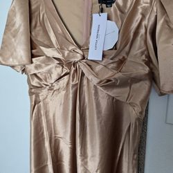 Vestido Largo De Noche Formal Para Mujer De Manga Corta Con Cuello V Fruncido Medida 8 Color Dorado 