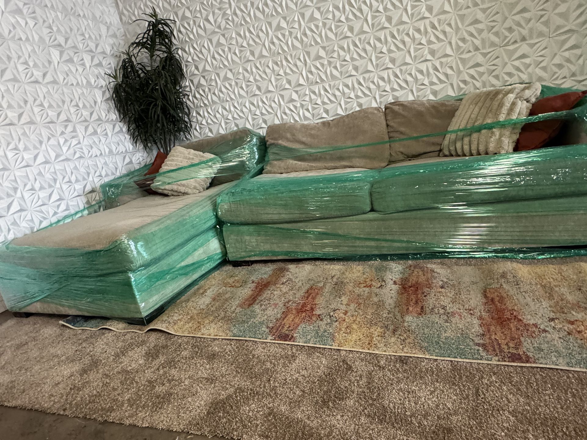 Large Two Piece Tan/ Beige Sectional Couch L Shaped W/Chaise