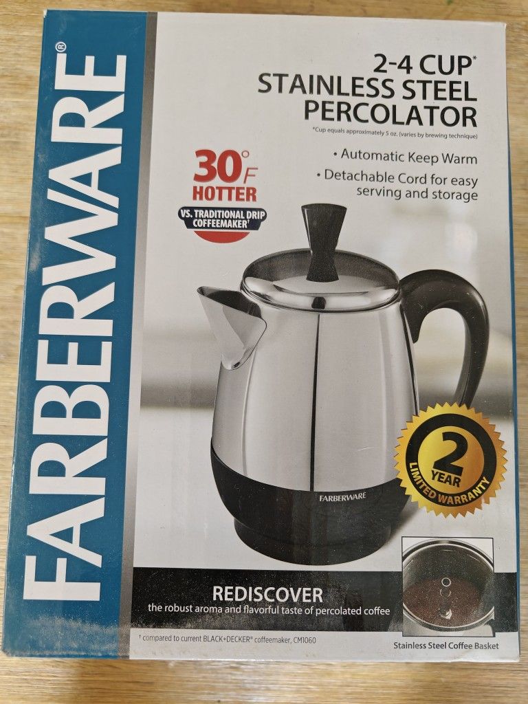 Stainless Steel Coffee Maker Percolator Style By Farberware. Brand New, Healthier Coffee