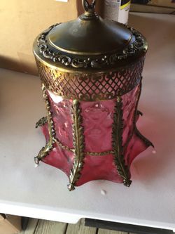 Antique lamp, light, chandelier, cranberry glass & brass