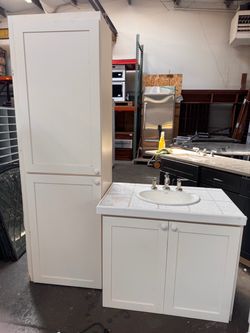 White Bathroom Vanity with Sink and Tall Cabinet