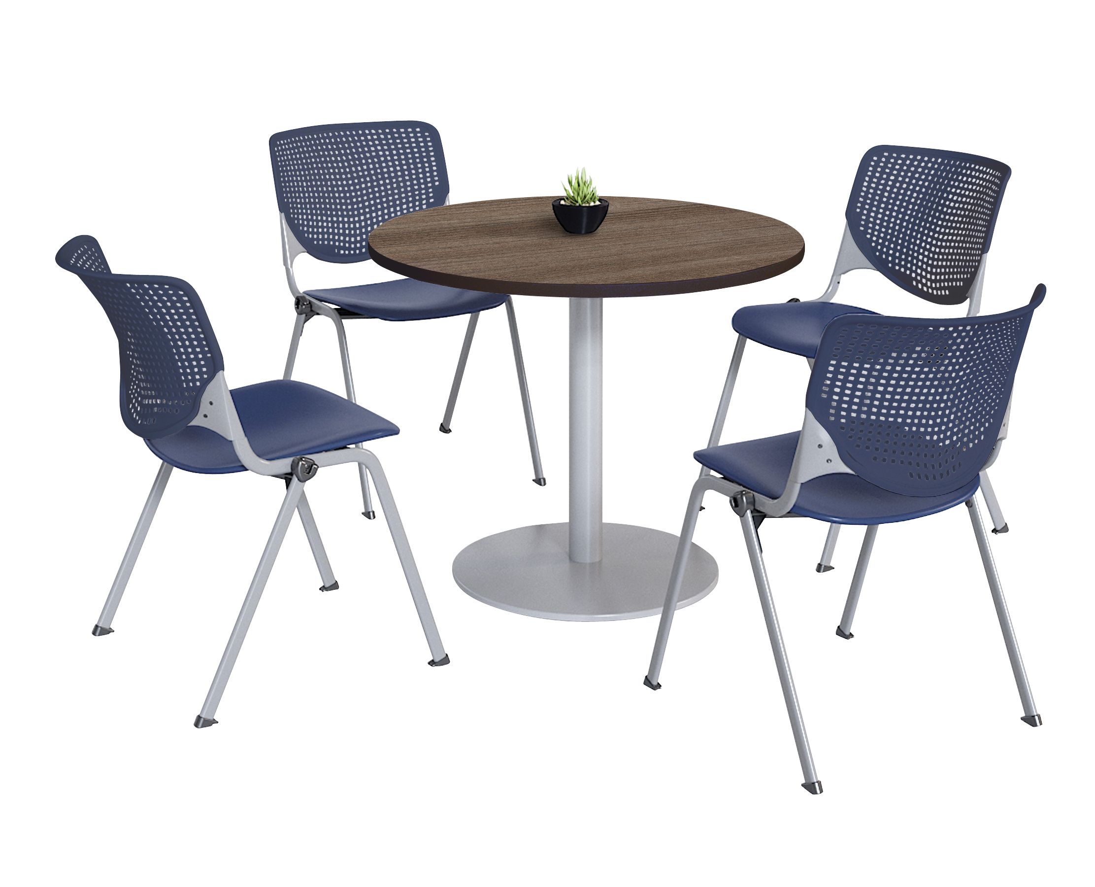KFI 42" Round Dining Table - Teak Top - Silver Base - Kool Chairs - Navy