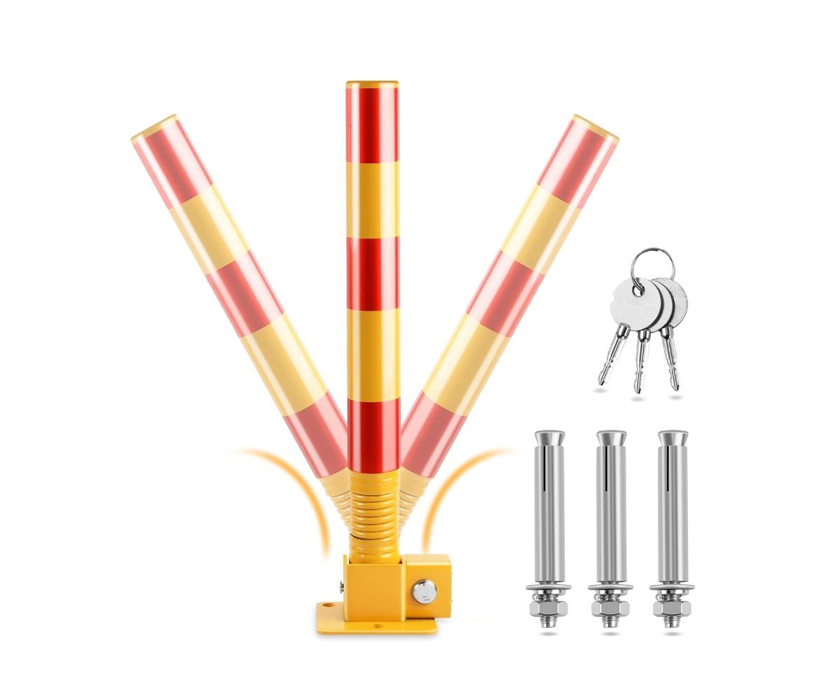 NEW! Spring Parking Post, Parking Barrier Parking Lock Folding Heavy Metal Parking Obstacle Pile with Warning Stripes, Parking Piles,Driveway Parking