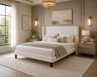 Queen bed Platform Bed with Corduroy Wingback Headboard, White
900 lb Capacity, Corduroy Wingback Headboard, Vertical Channel Design, Wood Slat Suppor