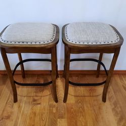 Pair Of Barstools With Wooden Base And Fabric Seat 