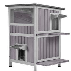 Aivituvin-AIR14-1 Two Tier Wooden Cat House with Waterproof Roof, Door Flaps