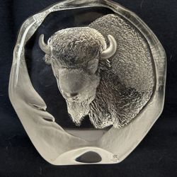 Mats Jonasson Etched Glass Sculpture- Buffalo