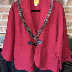 Ruby Rd Red poncho-like jacket with colorful fringe detail