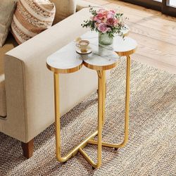 Half-Flower End Table, Faux Marble Side Table With Gold Frame