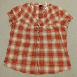 BRAND NEW W/TAG LADIES SONOMA LIFE & STYLE BLOOD RED/WHITE PLAID SHORT SLEEVE THIN SUMMER TOP/BLOUSE SIZE LARGE 
