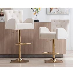 Velvet Bar Stools Tufted Modern Counter Height Stools 360°Swivel Adjustable with Golden Square Base Footrest Arms for Kitchen Island&Bar, Set of 2- Cr