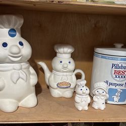 Vintage Ceramic Pillsbury Dough Boy collection. Cookie Jar, Tea Pot, Metal Tin, Salt & Pepper Shakers 