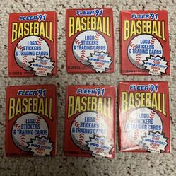 1991 Fleer Baseball Wax Pack Unopened 6 Packs. 14 Cards and 1 Sticker In Each